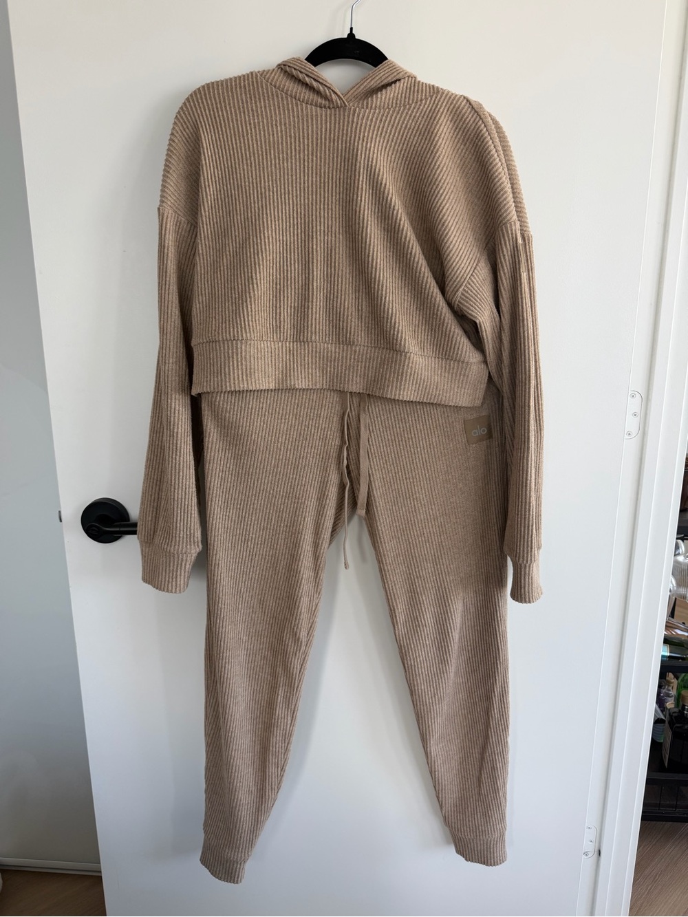 ALO Yoga Ribbed Hooded Sweatshirt & Joggers Set in Taupe